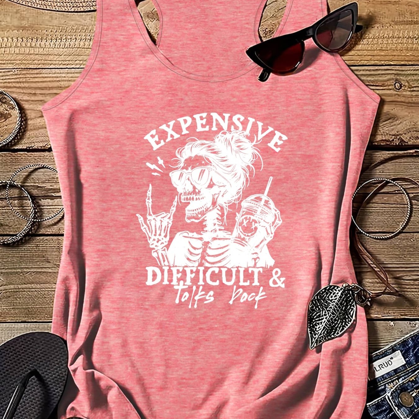 TEMU Women's Gothic Slogan Print Sleeveless Crew Neck Tank Top - Edgy Skull & Bone Graphic Blouse Suitable For - Wear, Machine Washable Casual Shirt