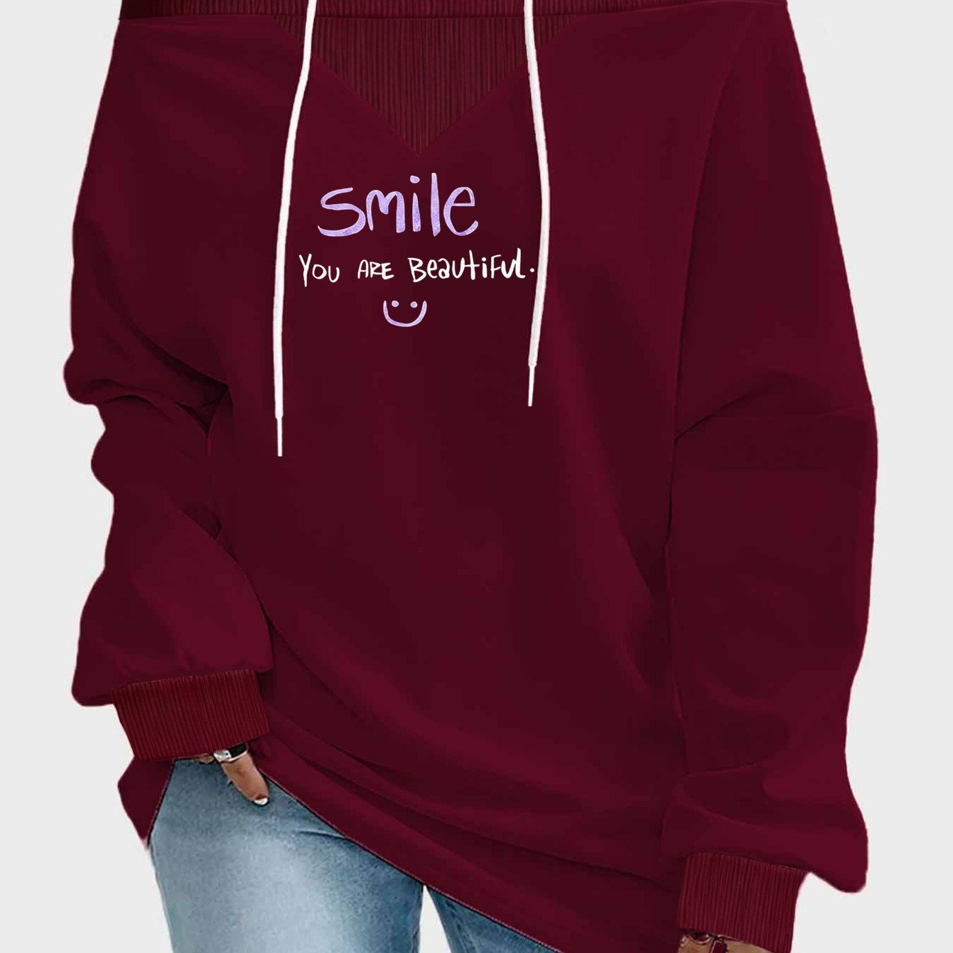 TEMU Plus Size, Letter Print Loose -the-shoulder Sweatshirt For Women, Oversized, Hides , Flattering, Us Sizes 0xl-8xl, Casual Drawstring Design,