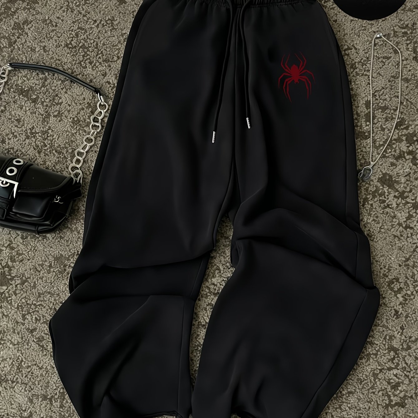 TEMU One-piece Creative Spider Print Heat Transfer Korean Style Retro Easy Casual Autumn Winter Fleece-lined 's Sweatpants New Style