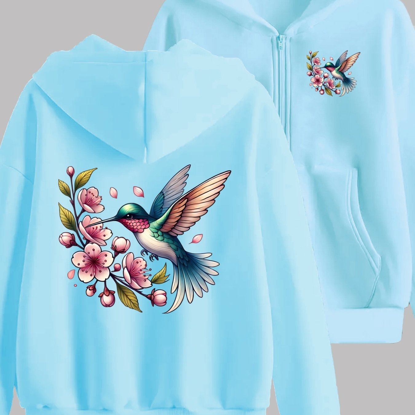 TEMU Hummingbird And Cherry Print Design With Dual Front And Back Patterns - Y2k Zip-up Hoodie - Fashionable And Comfortable Zip-up Jacket - Casual