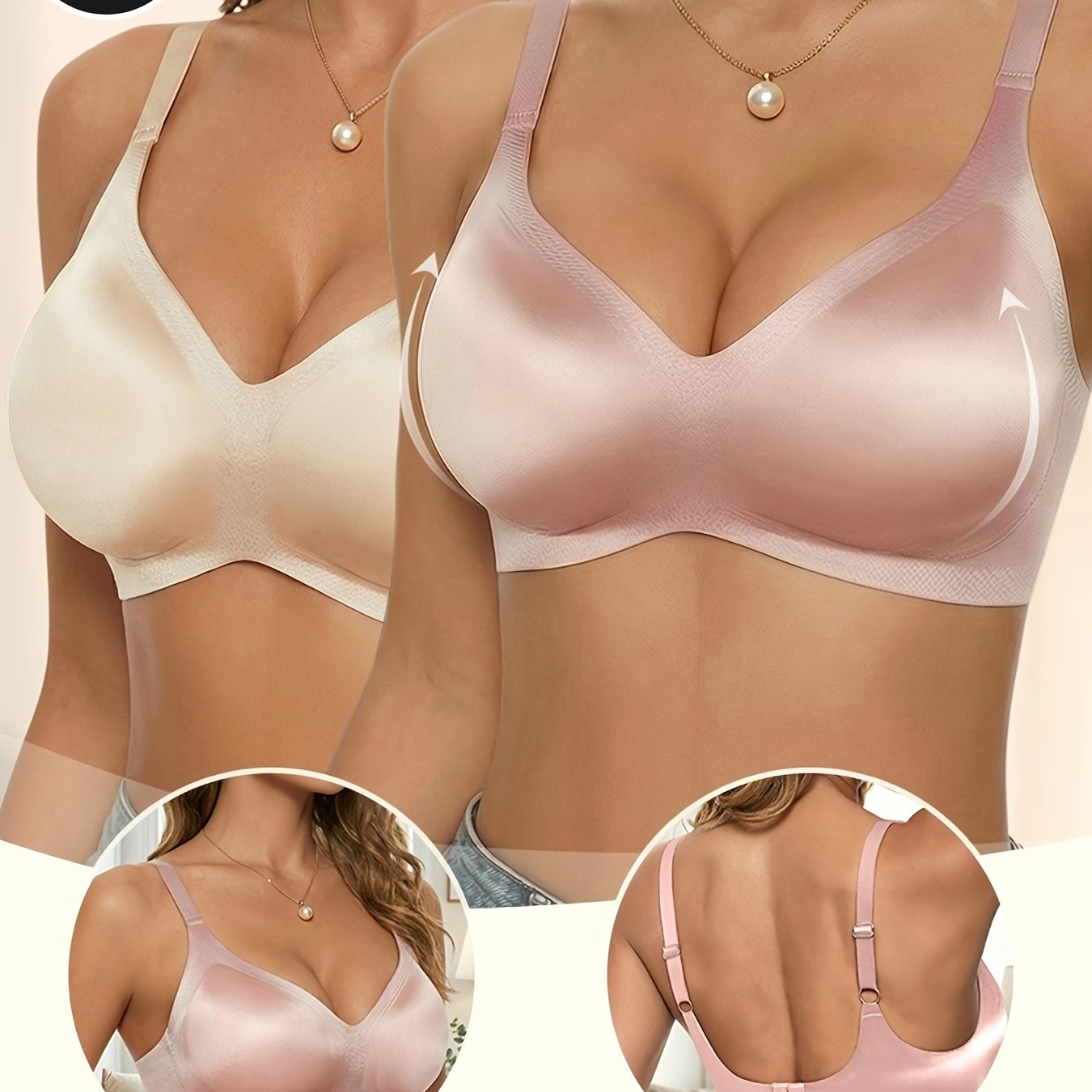 2pcs Women's V-neck Solid Glossy Wireless Bra, Seamless Backless Design, Sparkling Satin Material, Smooth Lining, Easy , Removable Padding And Adjustable Straps, Ideal For Dates/parties And Daily Wear