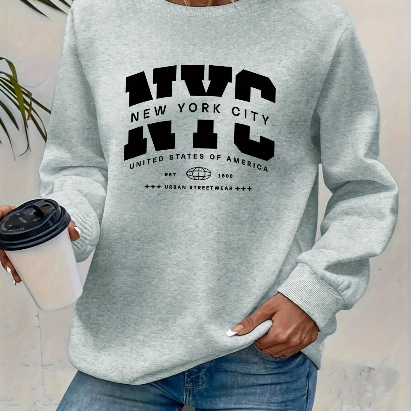 TEMU Women's Stylish Round-neck Sweatshirt, Featuring A Printed Design, Perfect For Autumn And Winter With Added Fleece