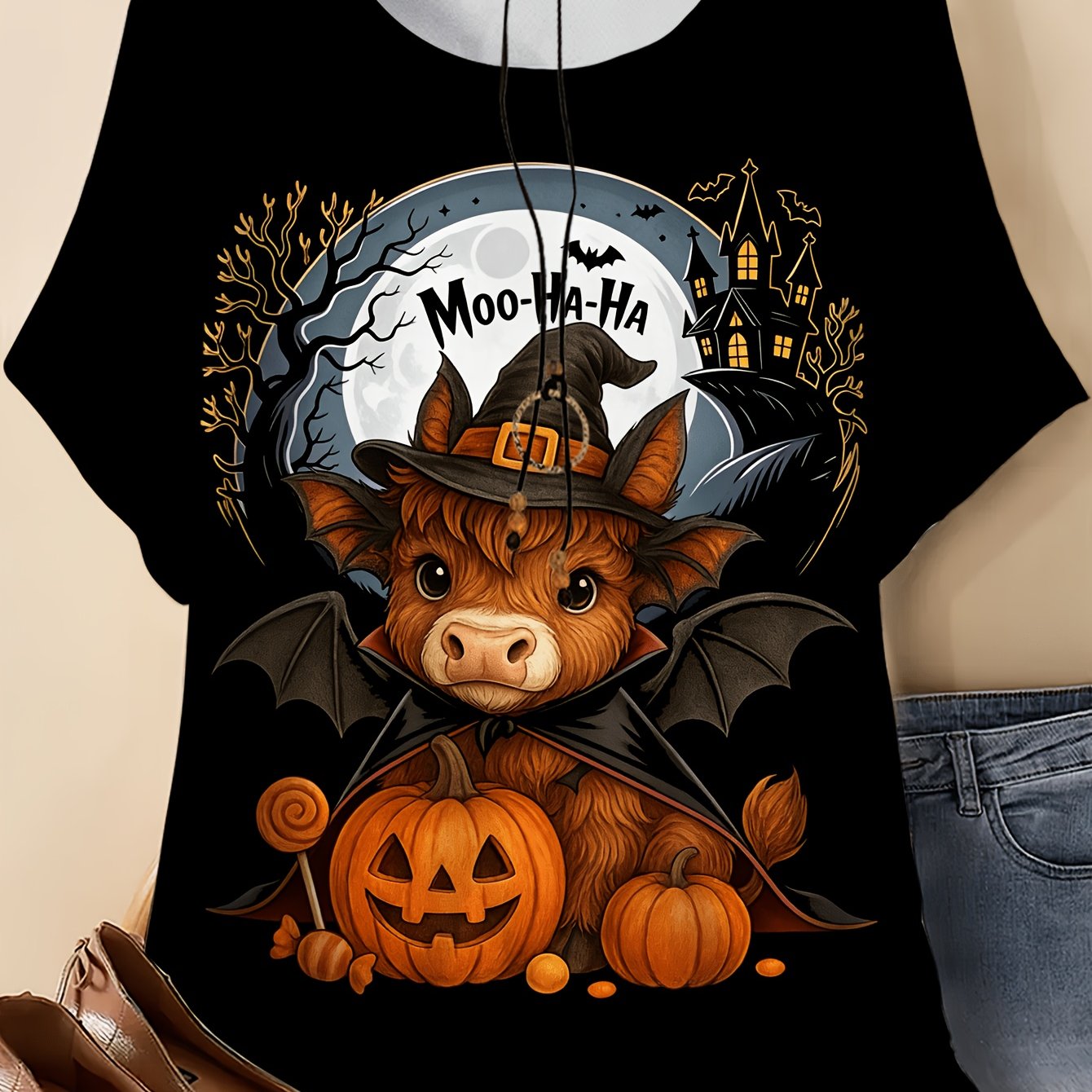 TEMU Plus Size, Plus Size Women's Scottish Highland Cow & Castle Cape T-shirt - Bat Print Short Sleeve Suitable For Halloween Party Outfits, Themed
