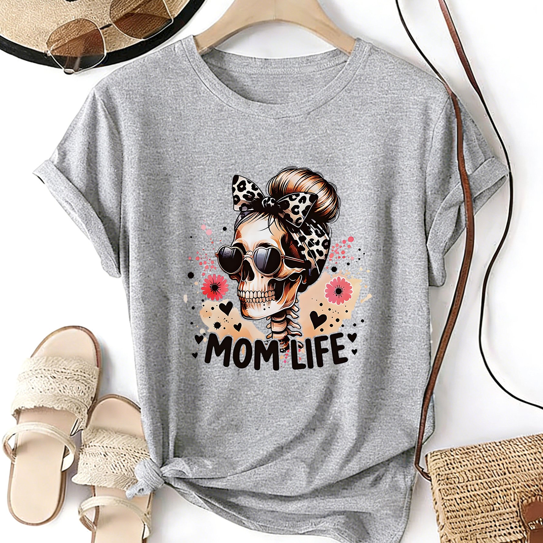 TEMU Skull Mom T-shirt, Crew Neck Sporty Casual T-shirt For Spring And Summer, Plus Size Women's Clothing