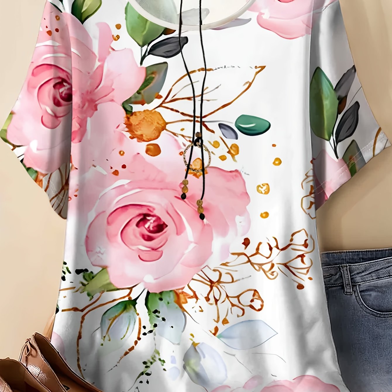 TEMU Women's Plus Size Rose Print Loose Short Sleeve T-shirt, Summer Top, Fashionable And Versatile Plus Size Style