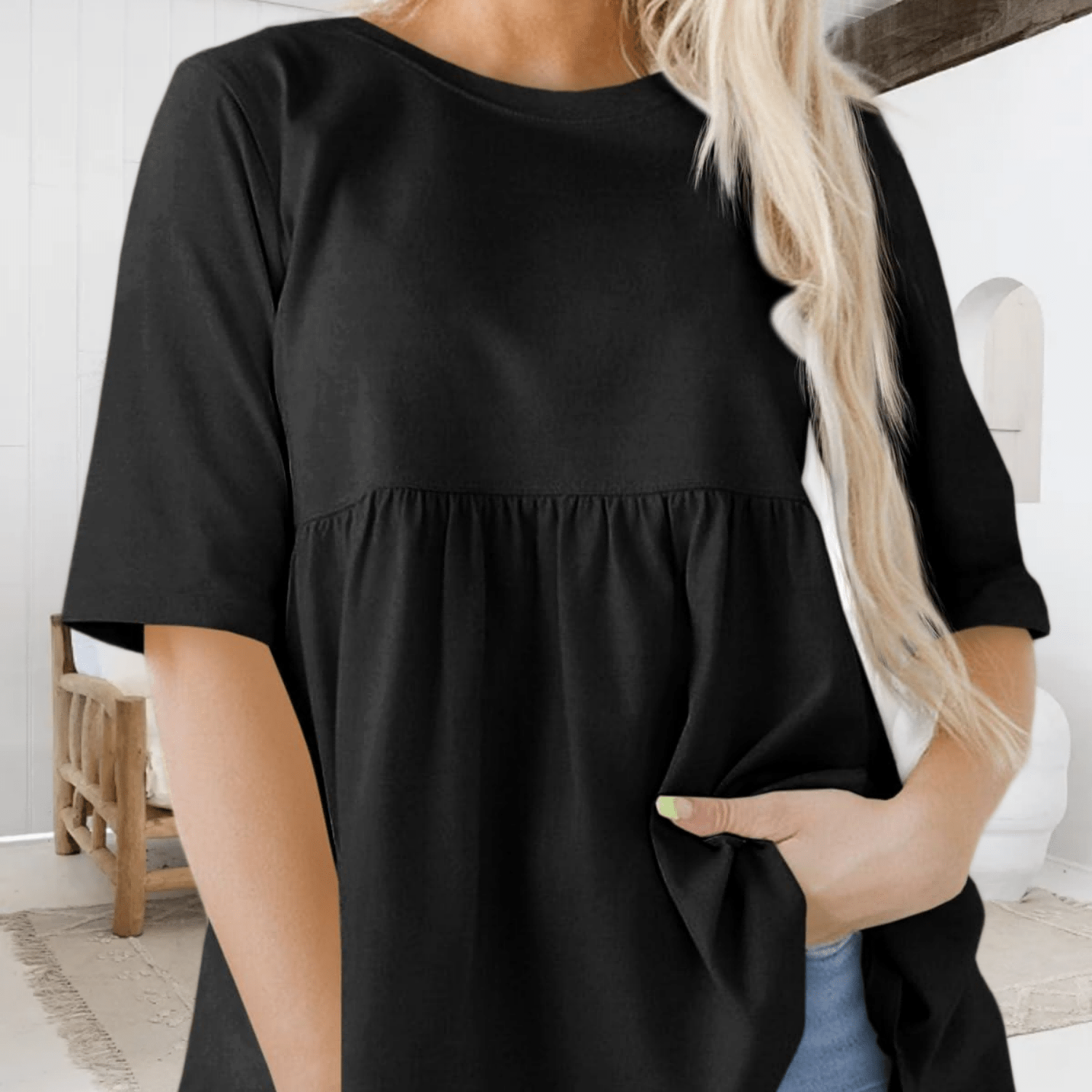 Image of Women's Oversized Loose Babydoll Blouse Top - Short Sleeve Crewneck Peplum Shirt, Summer Casual Solid Color Blouse, Machine Washable Round Neck Layering Piece Suitable For Warm Weather & Casual Attire