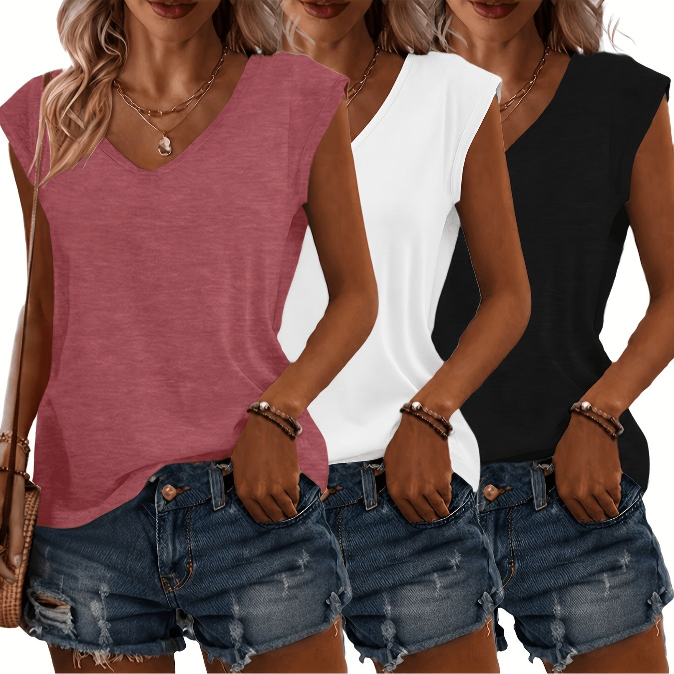 Image of 3pcs Spring/summer New Solid Color No-print V Neck Loose Casual Tops, Comfortable Fashion Machine Wash - Suitable For Daily And Home Use