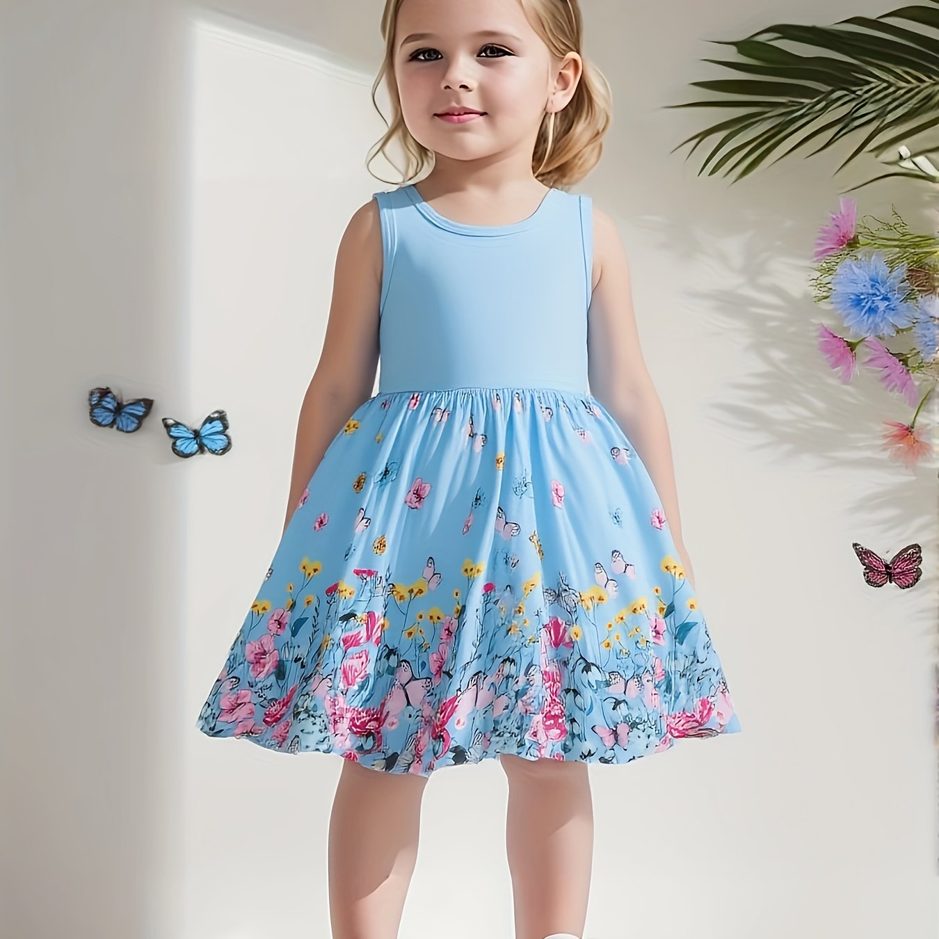 Image of Summer Style Toddler Girls Round Neck Floral Print Sleeveless Vest Casual Dress Targeted Development