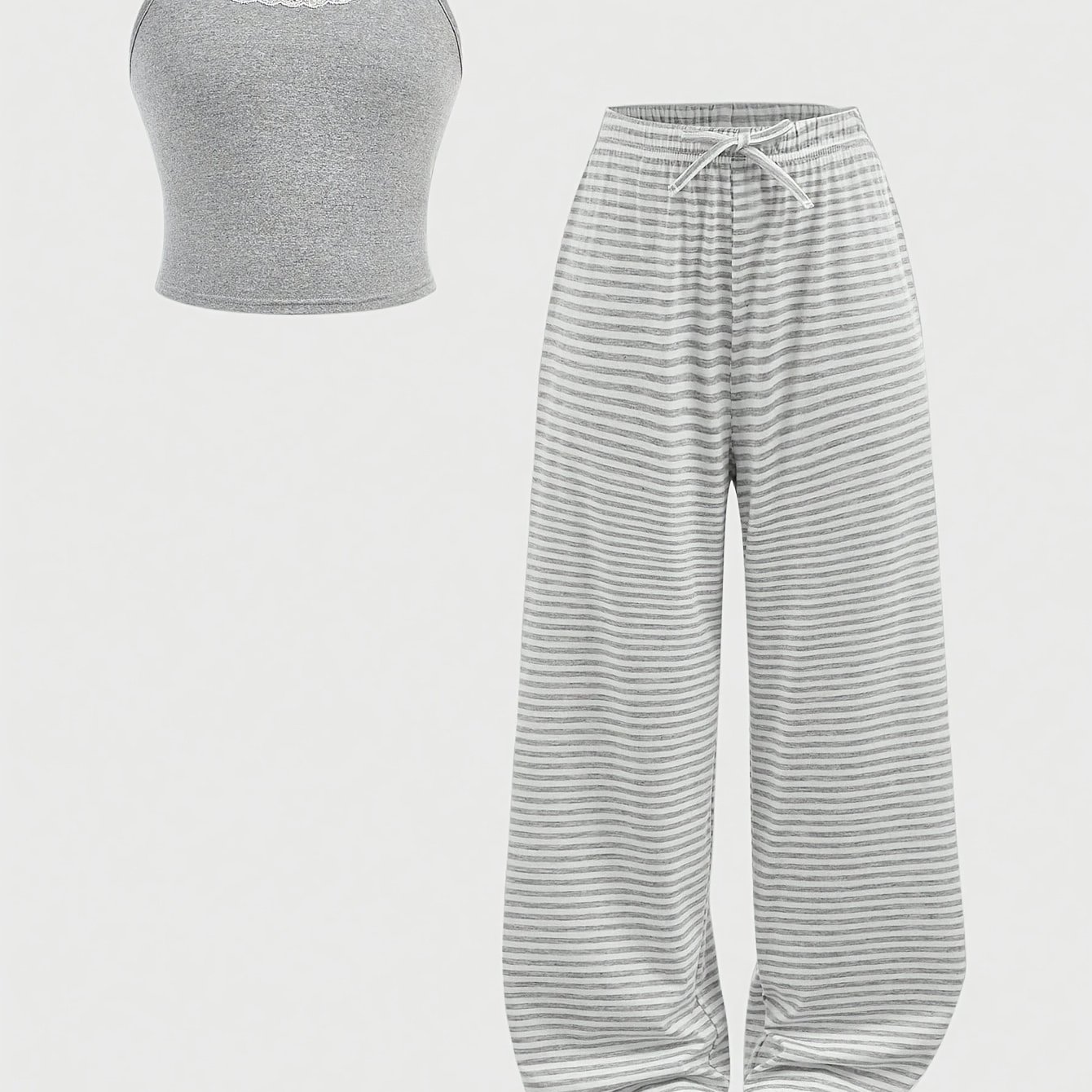 Image of Women's Comfortable Breathable Lace Trimmed Cami Top And Gray Thin Stripe Loose Ankle-cinching Sleepwear Set, -friendly Casual Loungewear