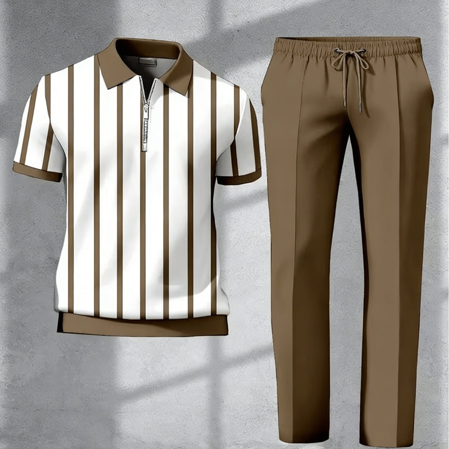 TEMU Ensemble à rayures marron et blanches pour homme, tissu et pantalon à jambe droite, idéal pour les journées de travail décontractées et les