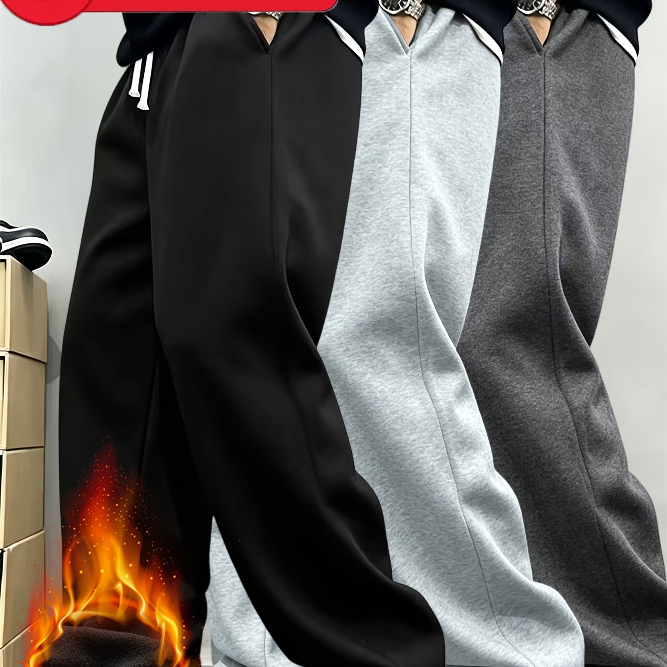 TEMU Joggers para hombre de 3 piezas con forro, cintura elástica y cordón - Pantalones cálidos de pierna para el hogar, gimnasio, exteriores, ropa