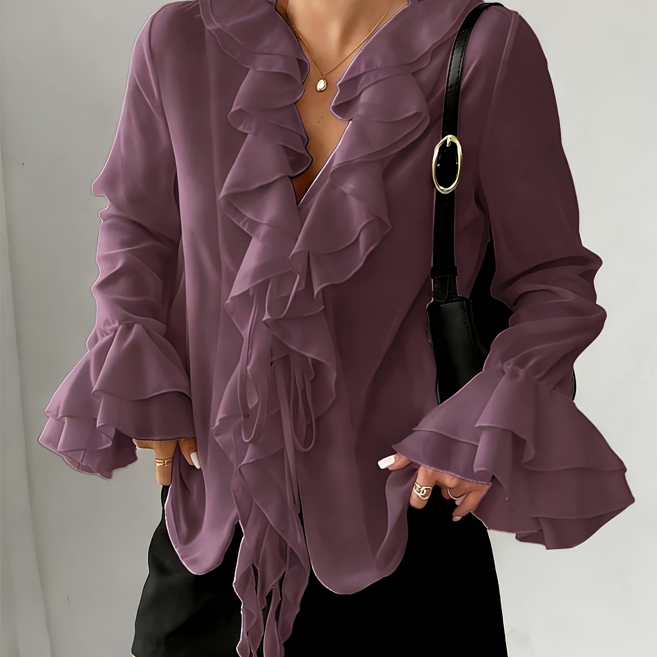 TEMU Elegant 2026 Autumn/winter New Arrival: Women' Double-layer V-neck Long Sleeve Blouse. Detailed With A Gentle Bow, From Skin-friendly And