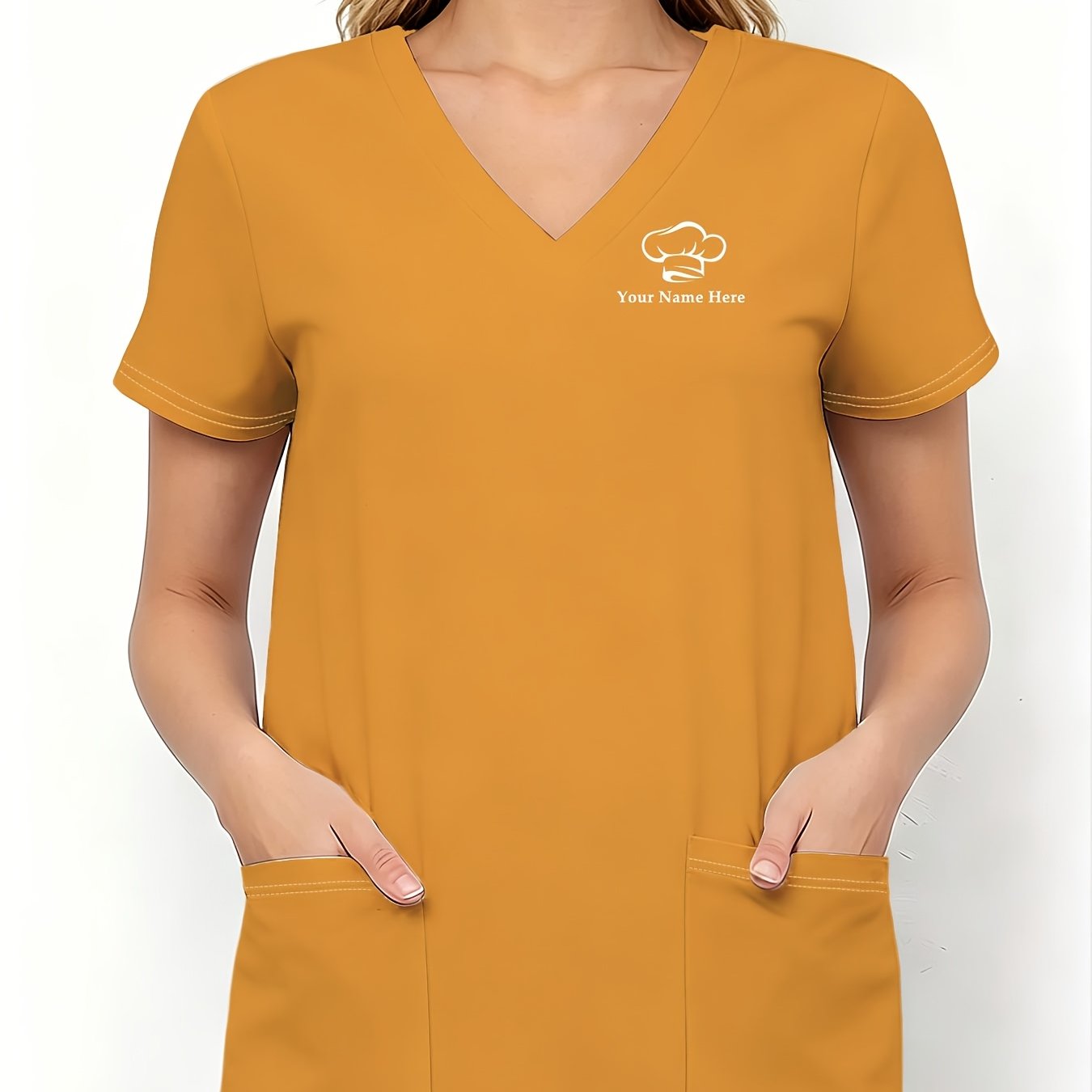 TEMU [customization] Women's Personalized Name Customization, 1pc Women's Blouse Work Uniform, Chef Hat Printed Pattern, With Pockets, V-neck Style,