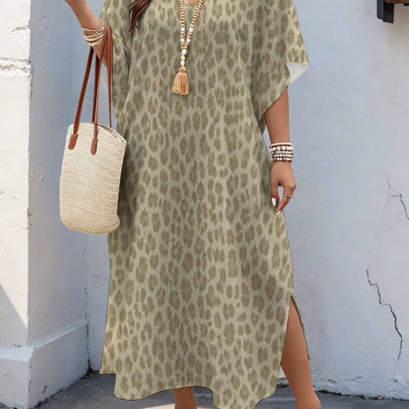 Image of Plus Size Women's 08xl Chic, Leopard Print Maxi Dress, V-neck Batwing Sleeve Dress With Double Side Slits, Loose Casual Summer Dress For Curvy Women