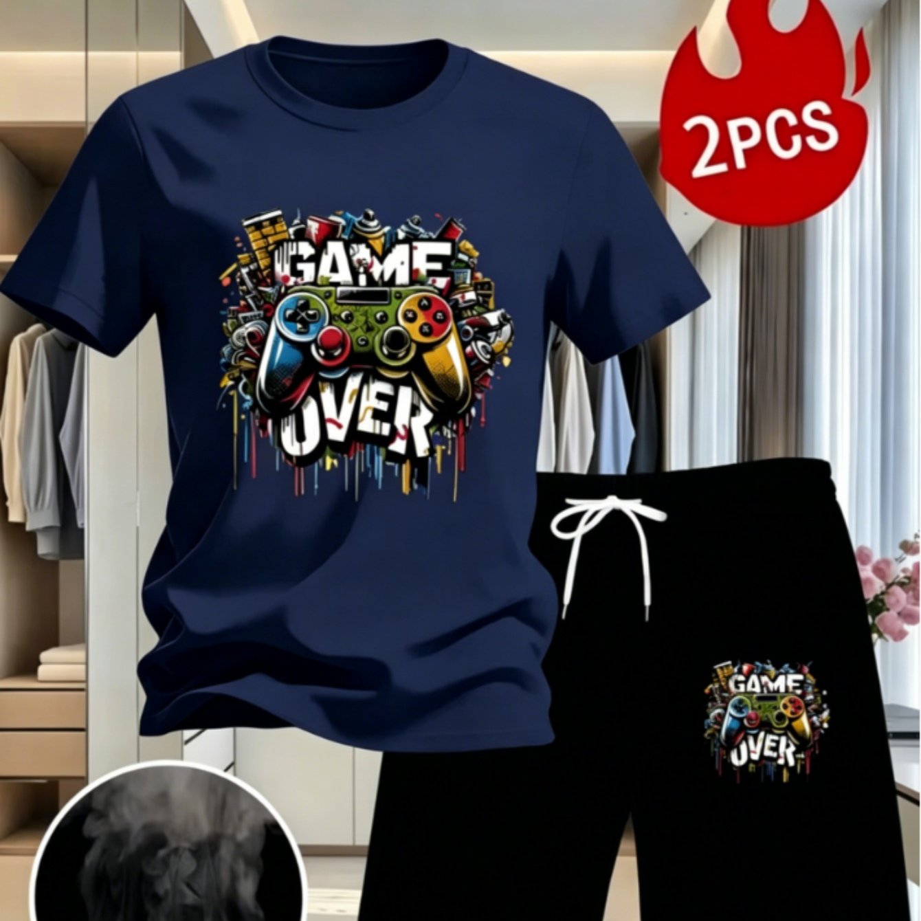 TEMU Summer New Game Over Game Controller Graffiti Print Short Sleeve Shorts 2pcs Set Street Trendy Brand Breathable White T-shirt And Black Athletic