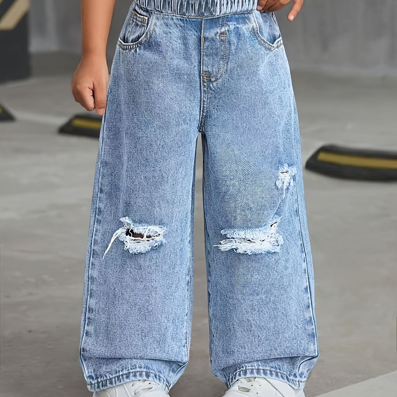 Girls' Trendy Wide-leg Denim, Fashionable Distressed Denim Pants, Comfortable Elastic Waistband Suitable For Fall Winter , Long Trousers For , Outdoor Street Skateboard And Ice Skating Fashion Pants