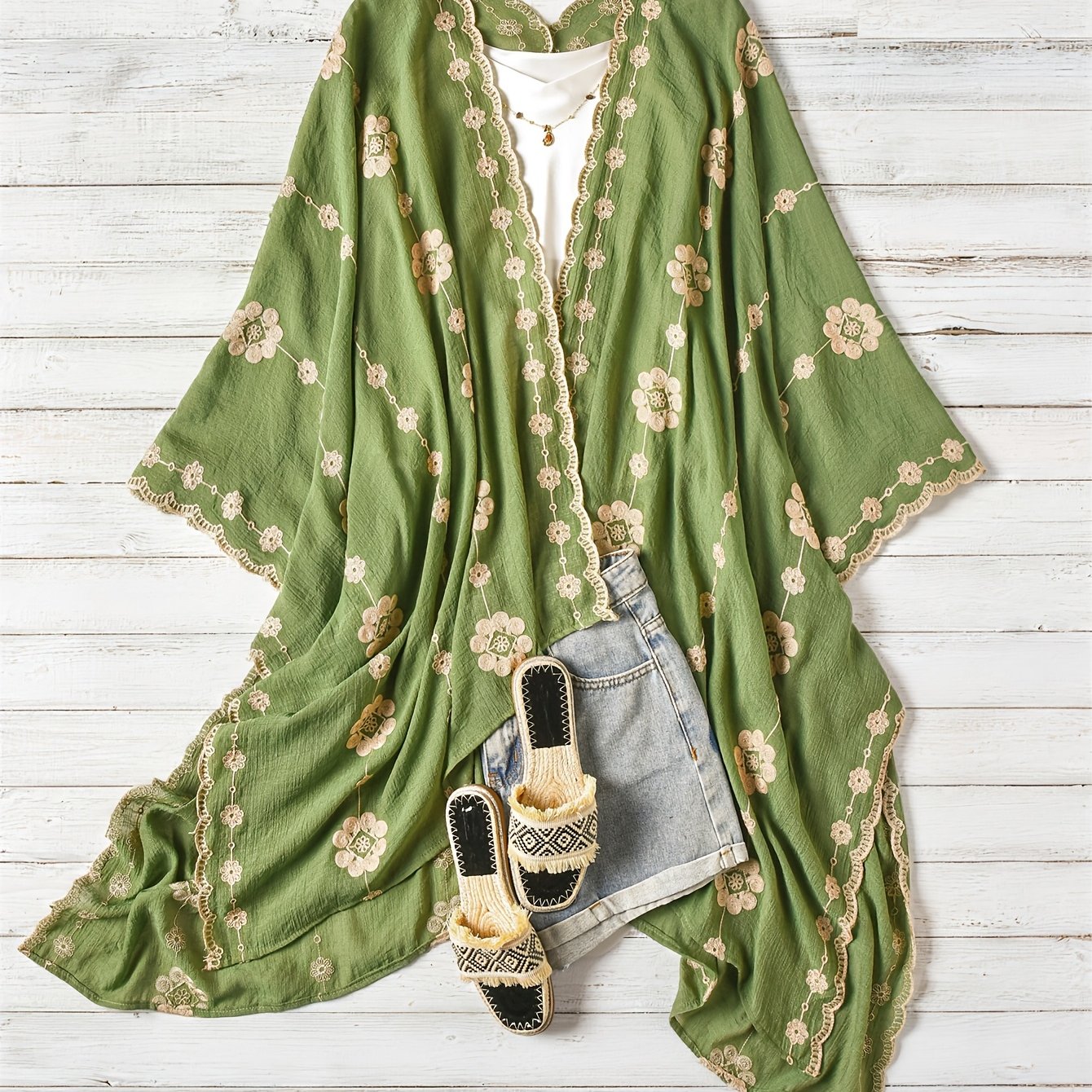 TEMU Plus Size - Böhmische Kette mit Blumenstickerei, Damen Leichte Strand-Cardigan, Sommerurlaub Atmosphäre Oberbekleidung