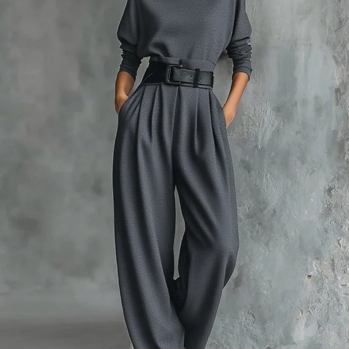 TEMU Ensemble pièces décontracté d'automne-hiver élégant comprenant un haut à col roulé moulant la taille et un pantalon large avec ceinture