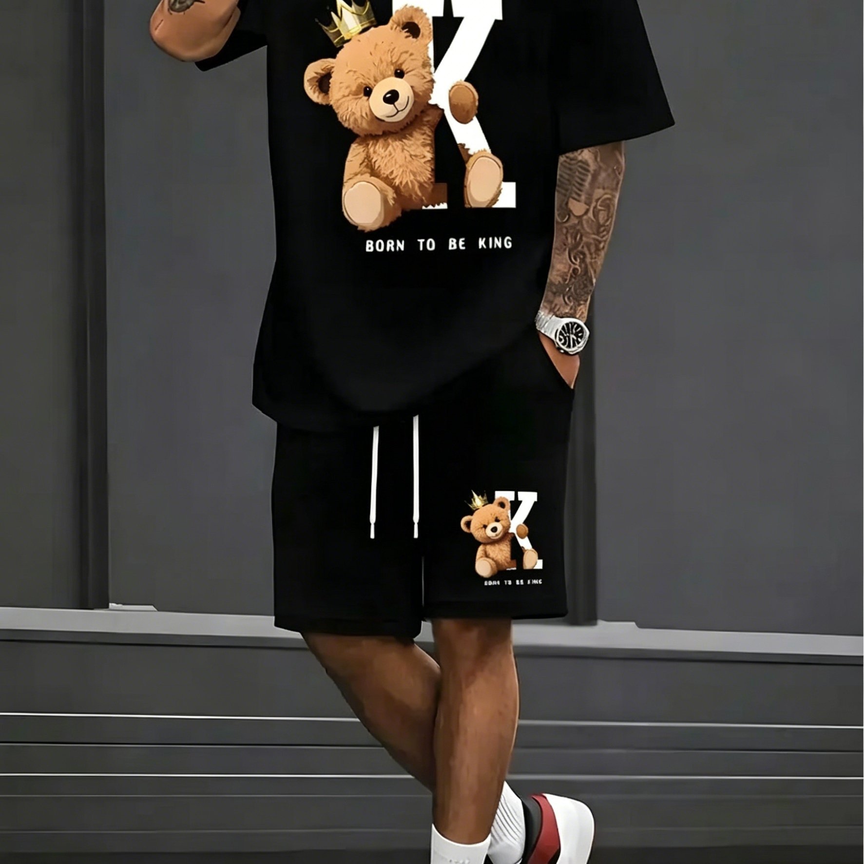 TEMU Men's Summer Casual Outfit, Crown Bear Print Short Sleeve T-shirt And Shorts 2pcs Set, Street Trendy Brand Style Athletic Wear