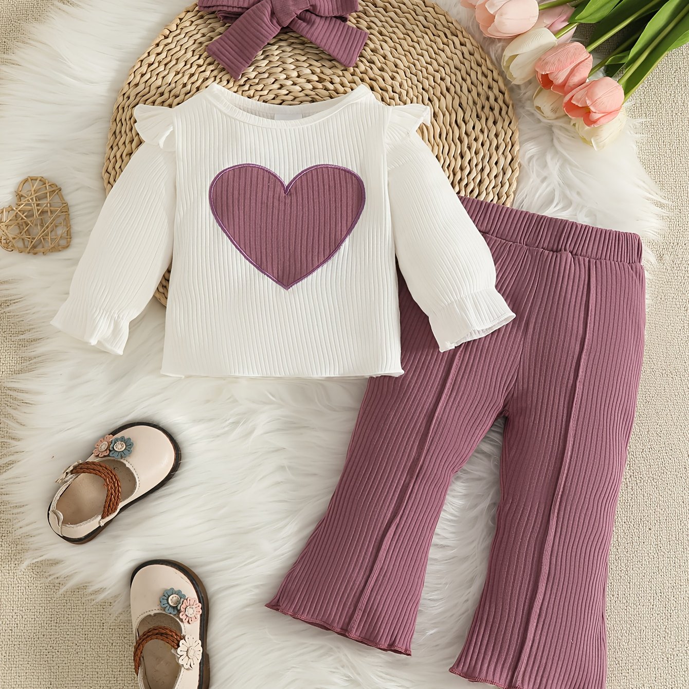 Long-sleeved Heart Embroidered Top + Trousers + Headscarf Three-piece Set, For Outdoor