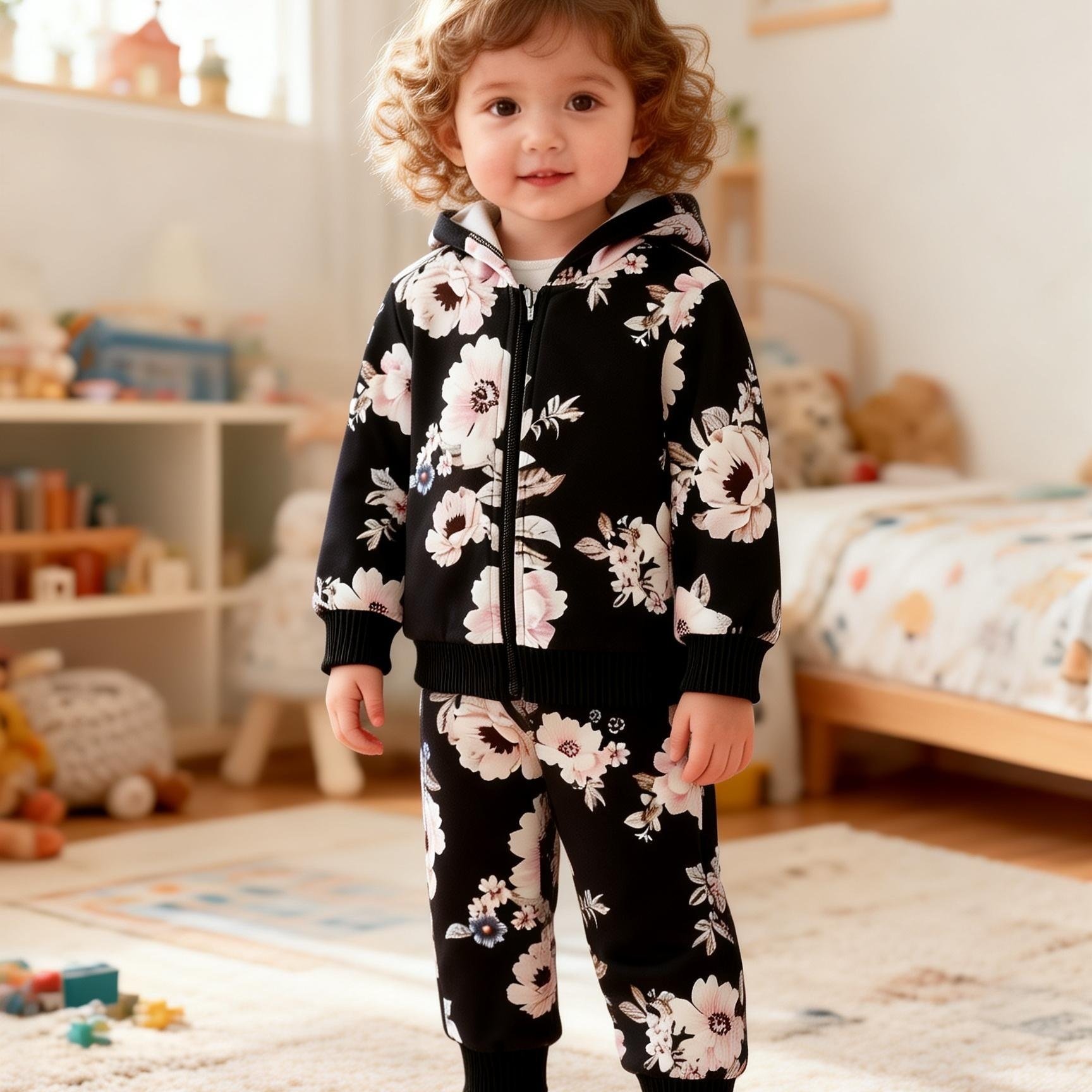 Image of 2pcs 0- Infant Spring Autumn Casual Hooded Floral Print Jacket And Long Pants Set, Suitable For Outdoor Travel, Daily Versatile