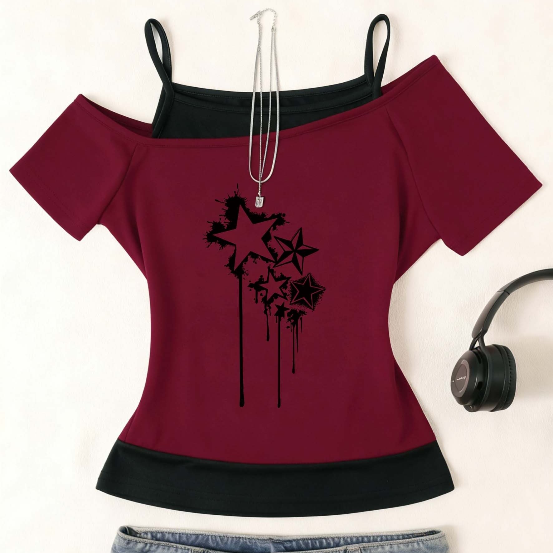 TEMU 1pc Spring/summer Women's Clothing 2-in-1 Look: Camisole Short Sleeve Top With , Style Off-shoulder Design For Daily Commuting, Casual Fashion