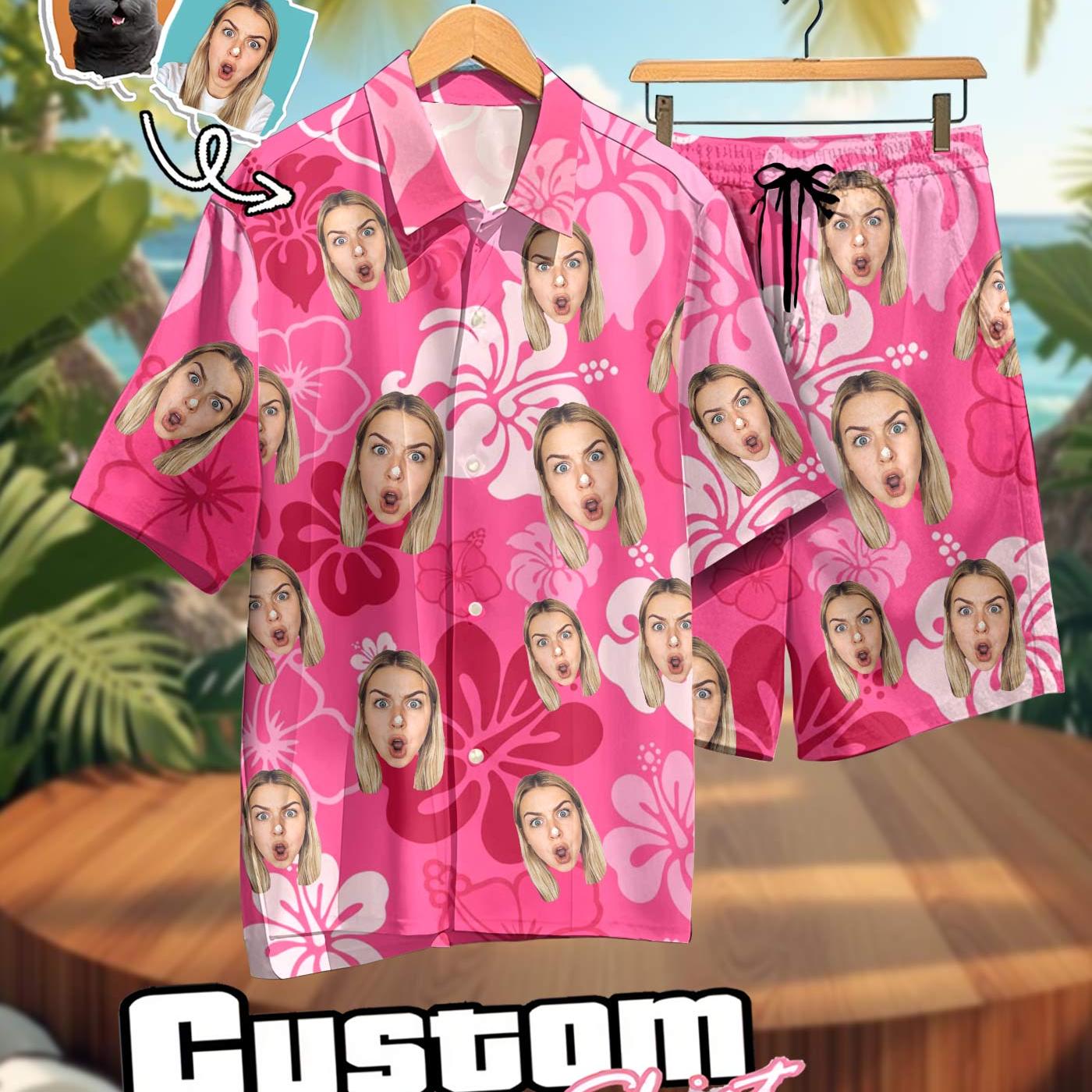 TEMU Men's Hawaiian Suit, Custom Photo Print Pink Hibiscus Themed Print Suit, Summer Beach Party Vacation Suit, Personalized Gift Suit For Men