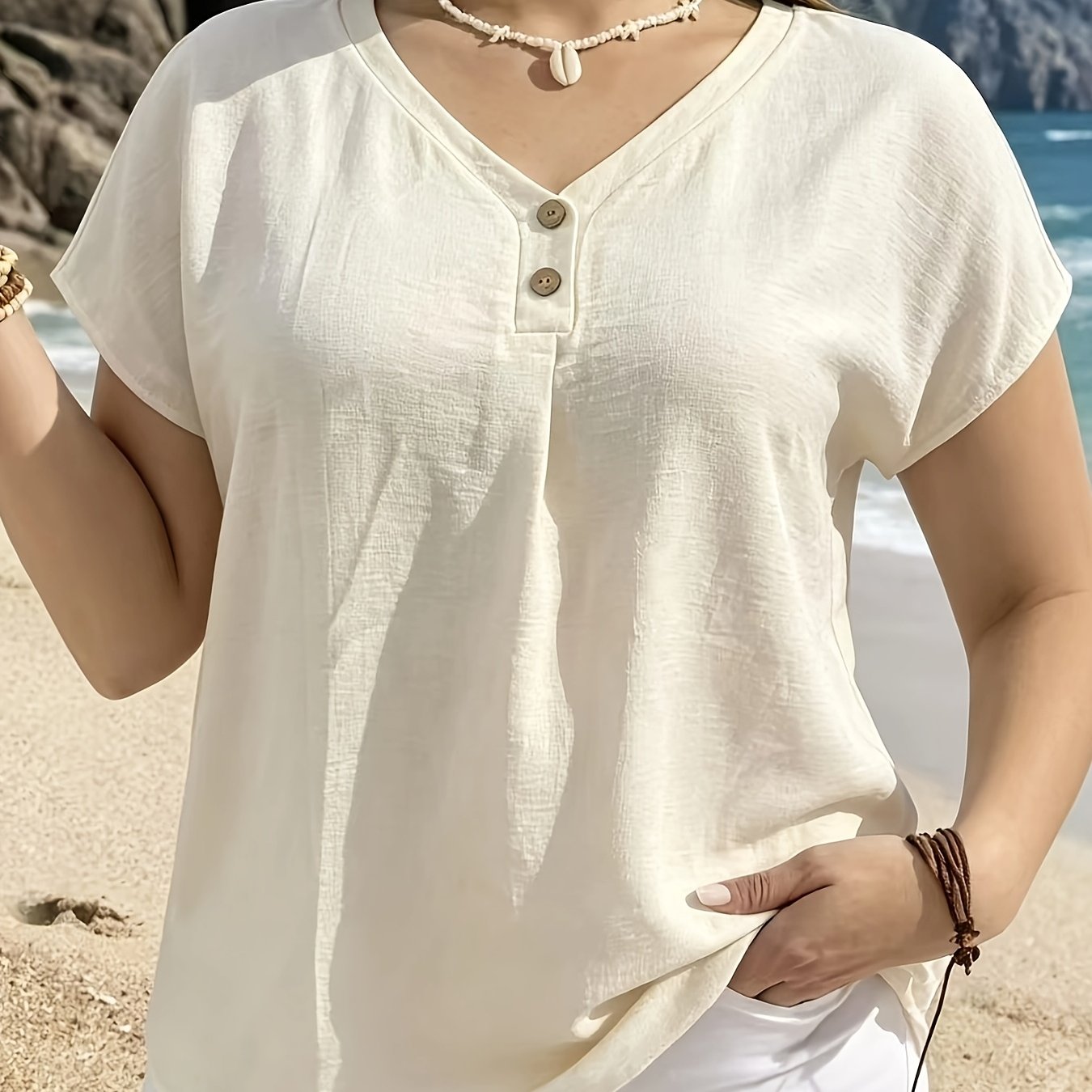 TEMU Plus Size, Plus Size Women's Breathable V-neck Short Sleeve T-shirt, Loose Fit Summer Casual Commuting Dating Loungewear Versatile Top