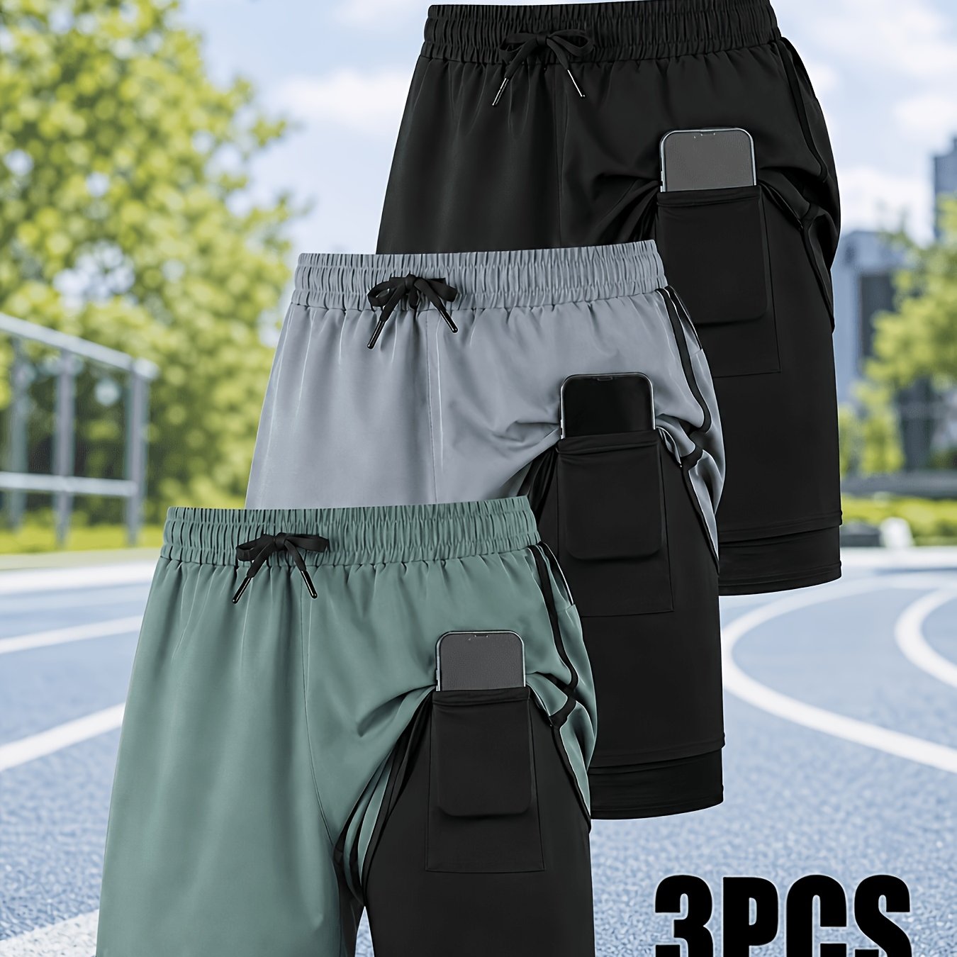 TEMU 3pcs 2-in-1 Running Shorts With Phone Pocket, Quick-dry Breathable Gym Workout Athletic Shorts Elastic Waist Drawstring Training Fitness Jogging