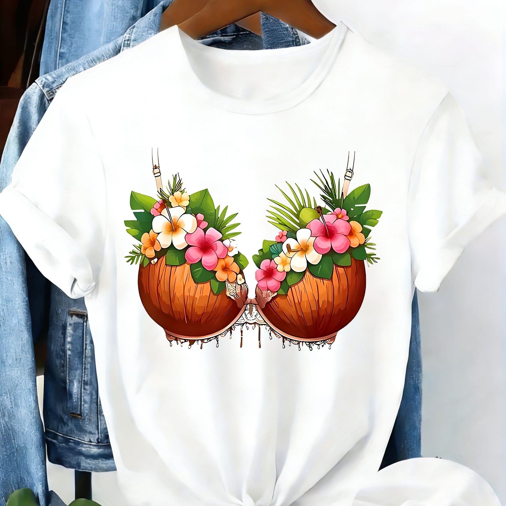 TEMU Coconut Bra With Print Relaxed Size Short Sleeve T-shirt Women's Big Size Comfy Chic Top Curvy Ladies Casual Daily Wear Essential Layering Piece