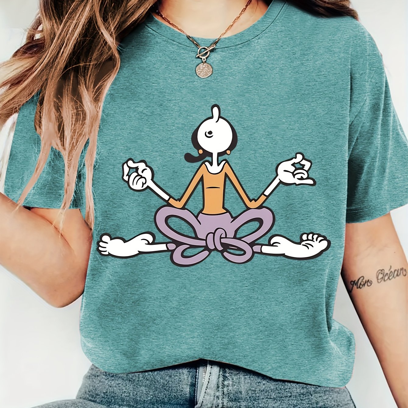 TEMU Abbigliamento Autunnale da Donna, T-Shirt a Maniche Corte con Stampa Yoga Meditante Cartone Animato e , , Morbida, , Elegante, Vintage, Casual,