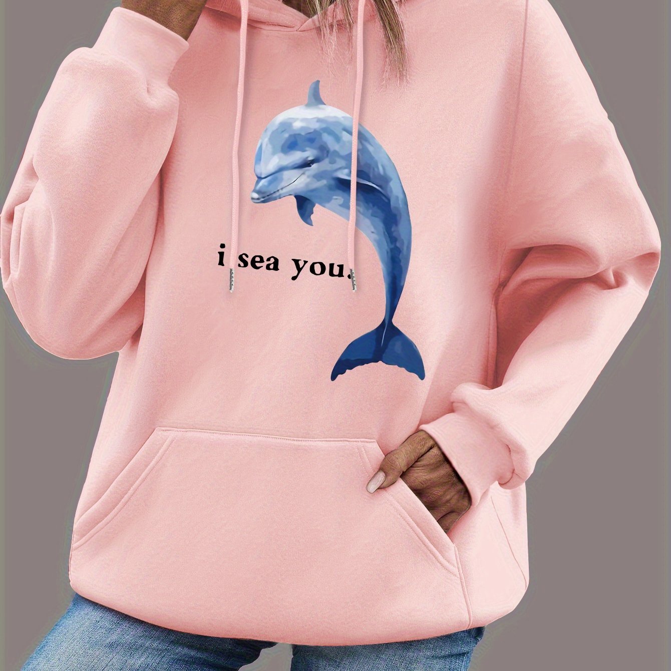 TEMU Women's Fish Print Pullover Hoodie, Women's Fleece Long Sleeve Casual Sweatshirt With Kangaroo Pocket