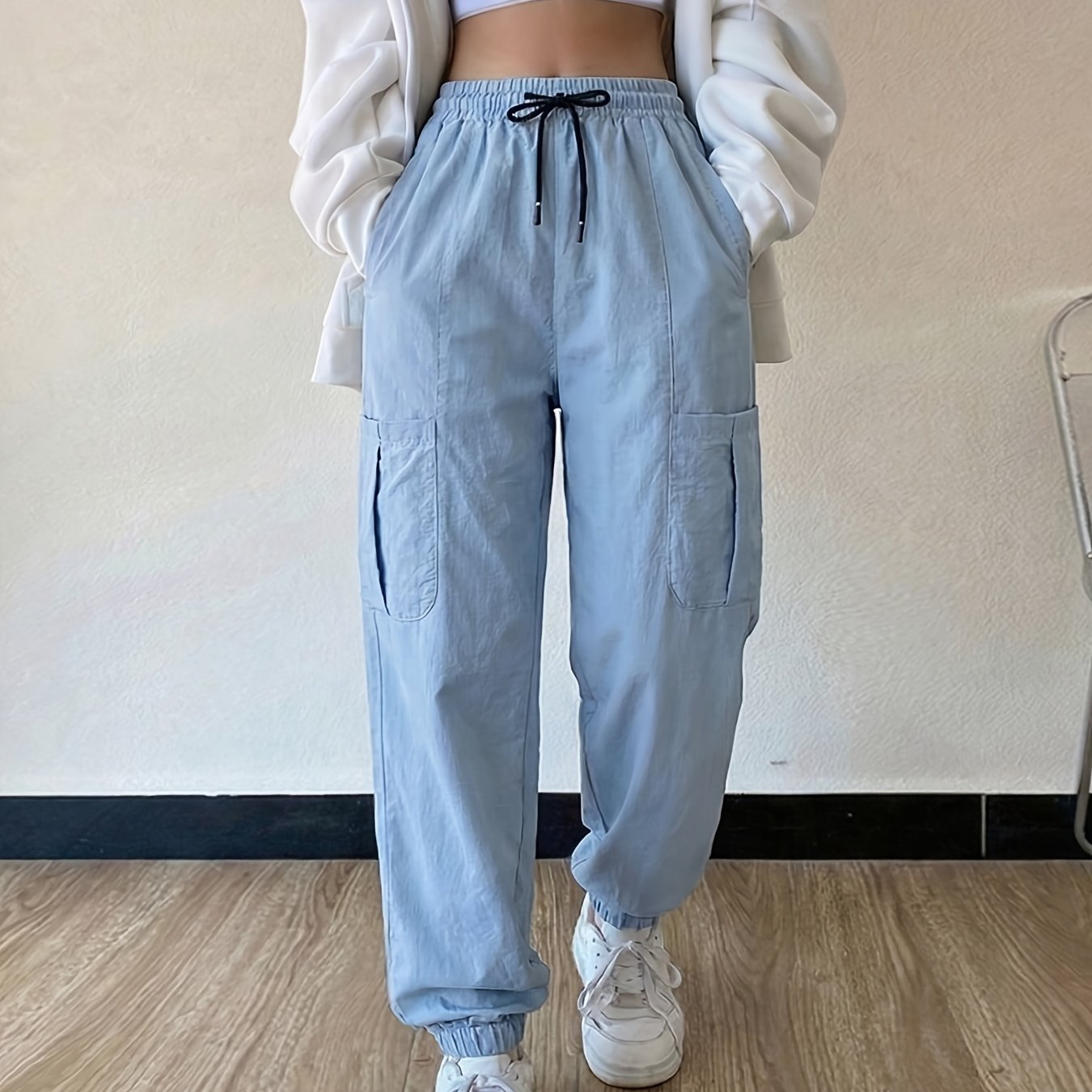 TEMU 멀티 포켓 여성용 바지 드로스트링 카고 바지 단색 캐주얼 웨스턴 롱 팬츠 하이 스트리트 이지 테이퍼드 팬츠