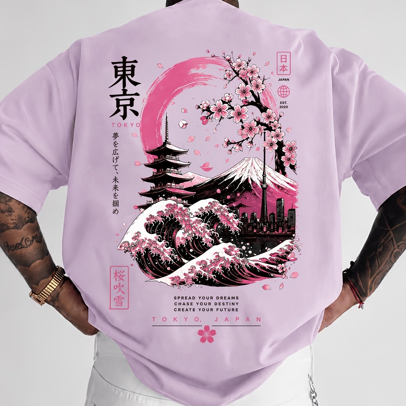 TEMU T-shirt d'été oversize à manches courtes pour homme, imprimé paysage japonais avec et neige, style japonais