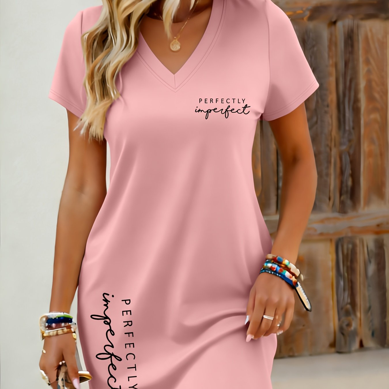 TEMU Printed V-neck Mid-length T-shirt Dress Women's Summer Easy Versatile Casual Skirt Short Sleeve Ladies Long Top