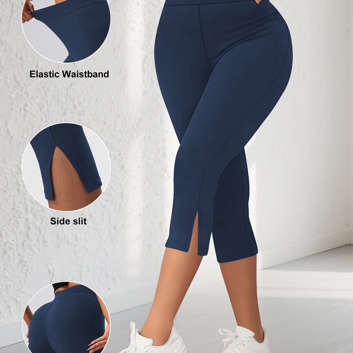 E-shop Damen-Caprihose in Übergröße mit 4,5 cm elastischem Bund, S, Fitnesshose mit Schlitzsaum-Design, elegant großzügig, aus hochelastischem Stoff,