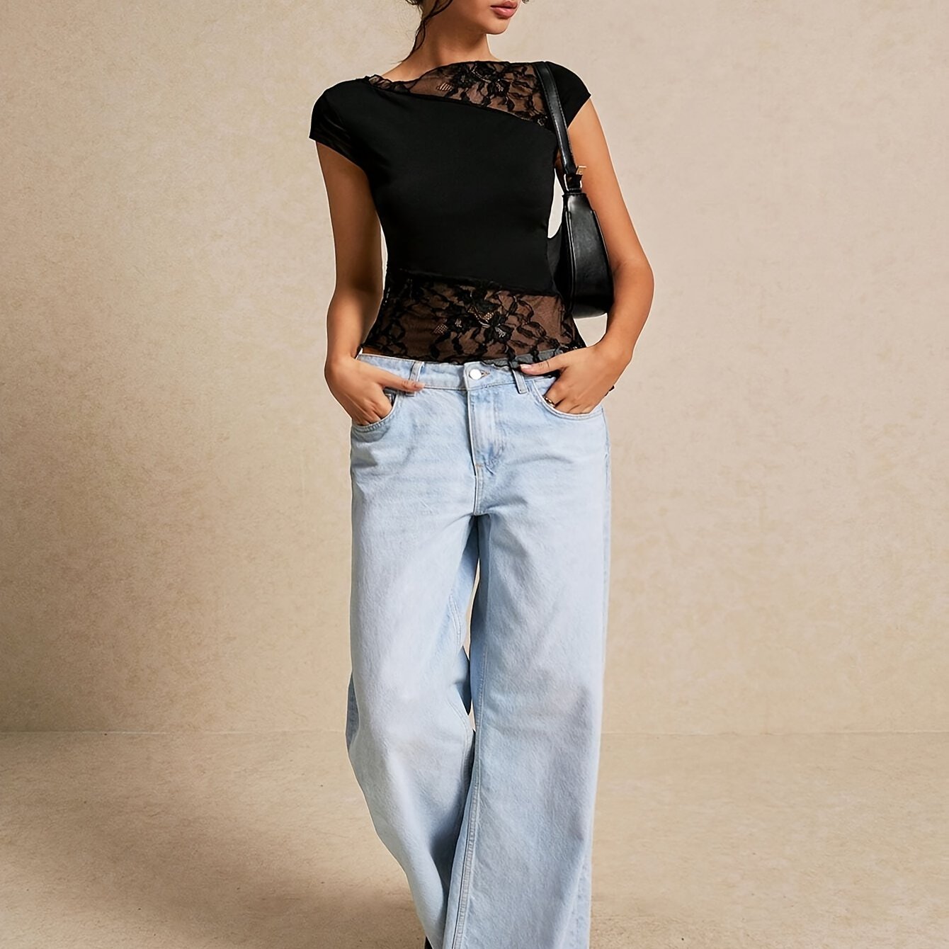 E-shop T-Shirt mit Kontrastspitze und Asymmetrischem Saum, Lässiges Kurzarm-Oberteil für Frühling & Sommer, Damenbekleidung, Sommer-Slim-Fit