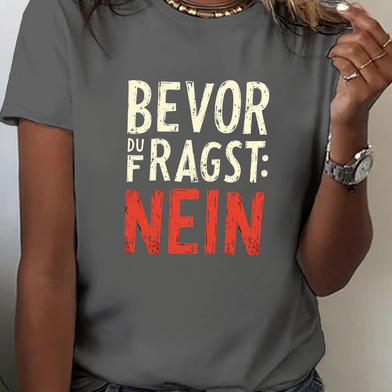 Image of Before You Ask No Print T-shirt, Short Sleeve Crew Neck Casual Top For Summer & Spring, Women's Clothing