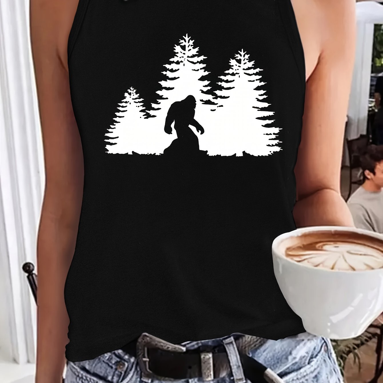 TEMU Débardeur graphique de Sasquatch Silhouette Animal, col rond décontracté, tissu tricoté en polyester, 100% polyester, 180g/m², pour les tenues
