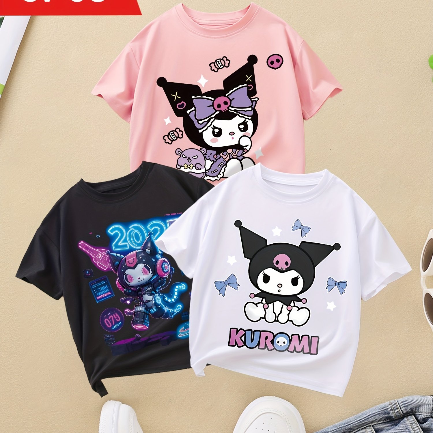 E-shop Kuromi Mädchen Kurzarm-T-Shirt 3er-Set, niedliches Cartoon-Sanrio-Charakter-Druck-Top, Frühling/Sommer Kurzarmshirt mit Rundhalsausschnitt,