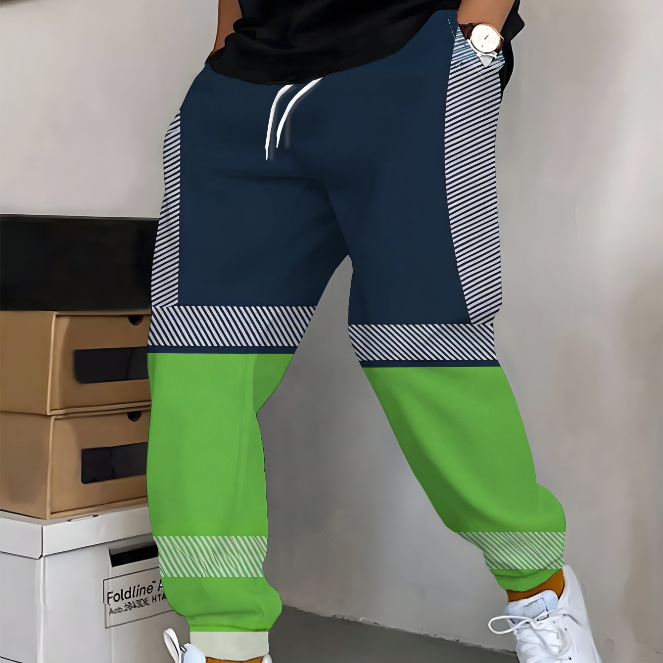 TEMU Fashionable Men' Sweatpants Featuring A Background With And White Striped Decorative Bands, Equipped With Drawstrings And Pockets, Stylish Long