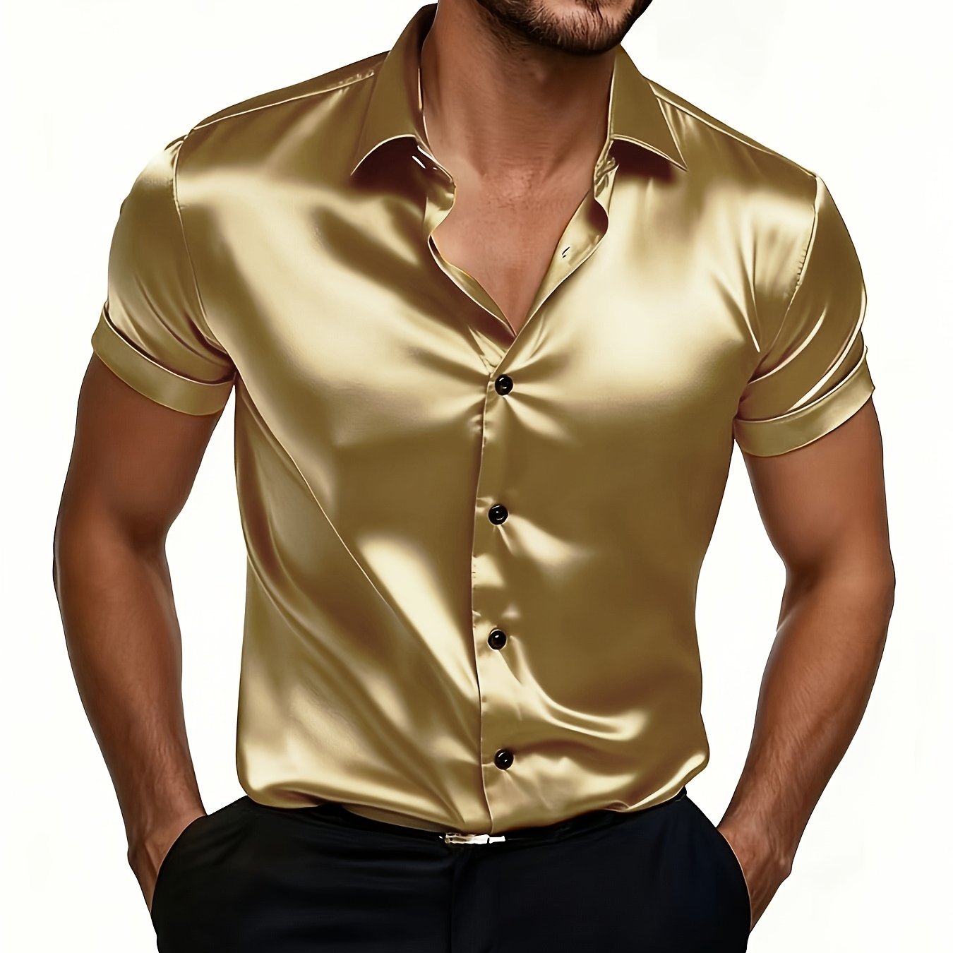 TEMU Business Casual Short-sleeved Men's High-gloss Slim-fit