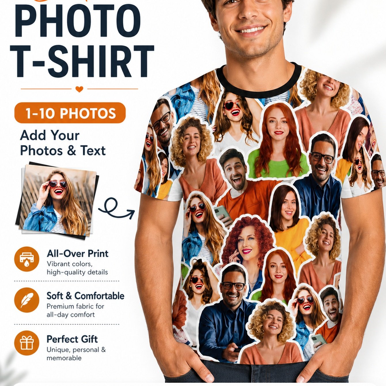 TEMU Custom All Face Photo T-shirt, Your Own Picture Floral Pattern Personalized Tee, Soft Breathable Custom Portrait Shirt Unique Gift For Her Him