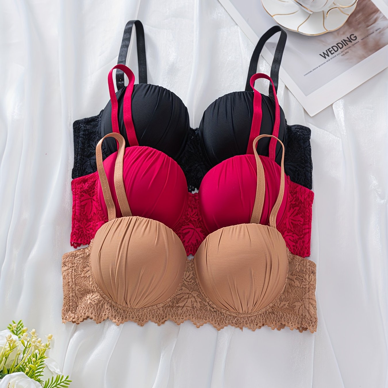 TEMU 3pcs Set Of Women's Ruched Cup Bras, Breathable Lace Trim Comfortable Bra