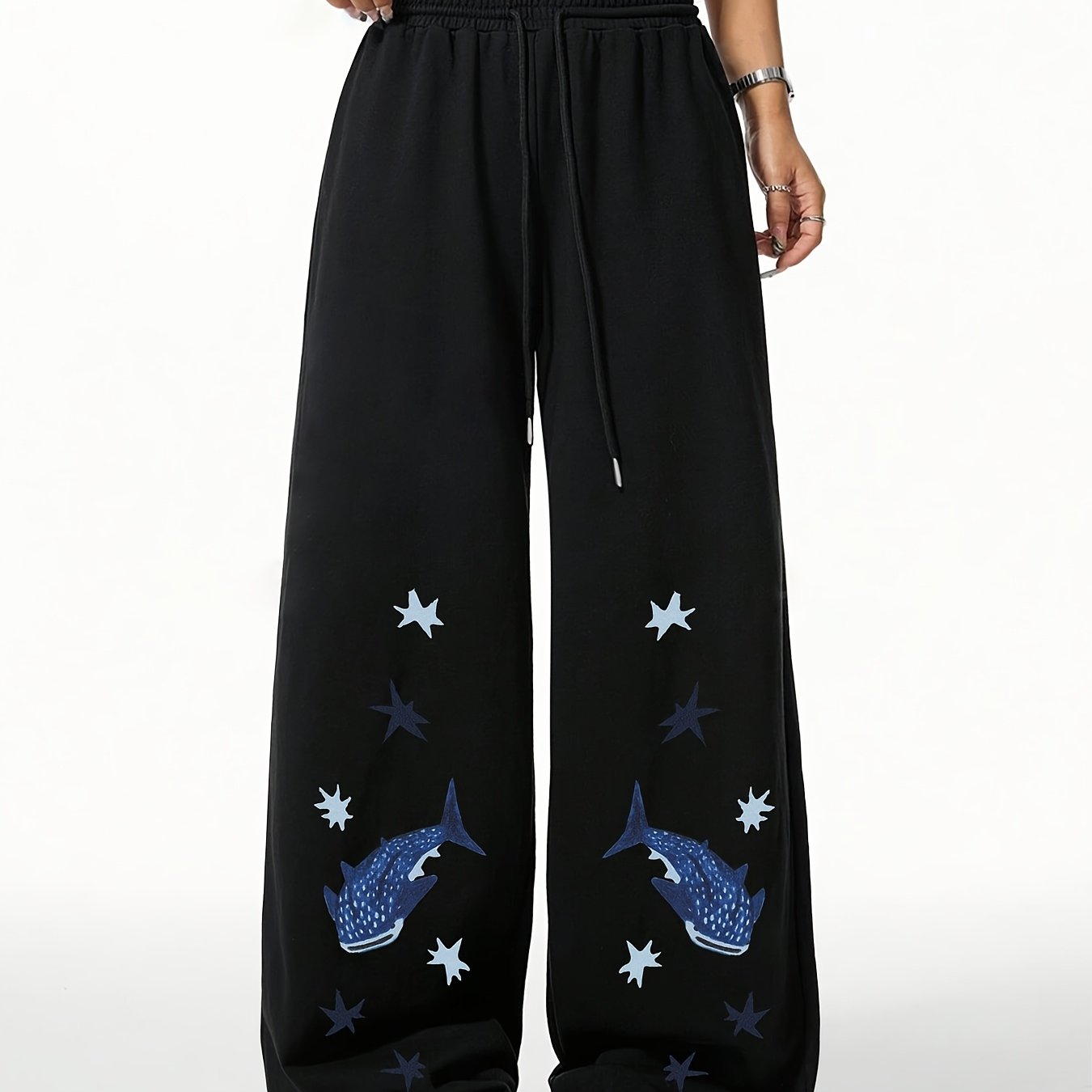 TEMU Women's Casual Shark Print Sweatpants, Polyester 100%, Knit Fabric, 210g/mÂ², Elastic Waist With Drawstring, Straight-leg, Winter Sports Pants