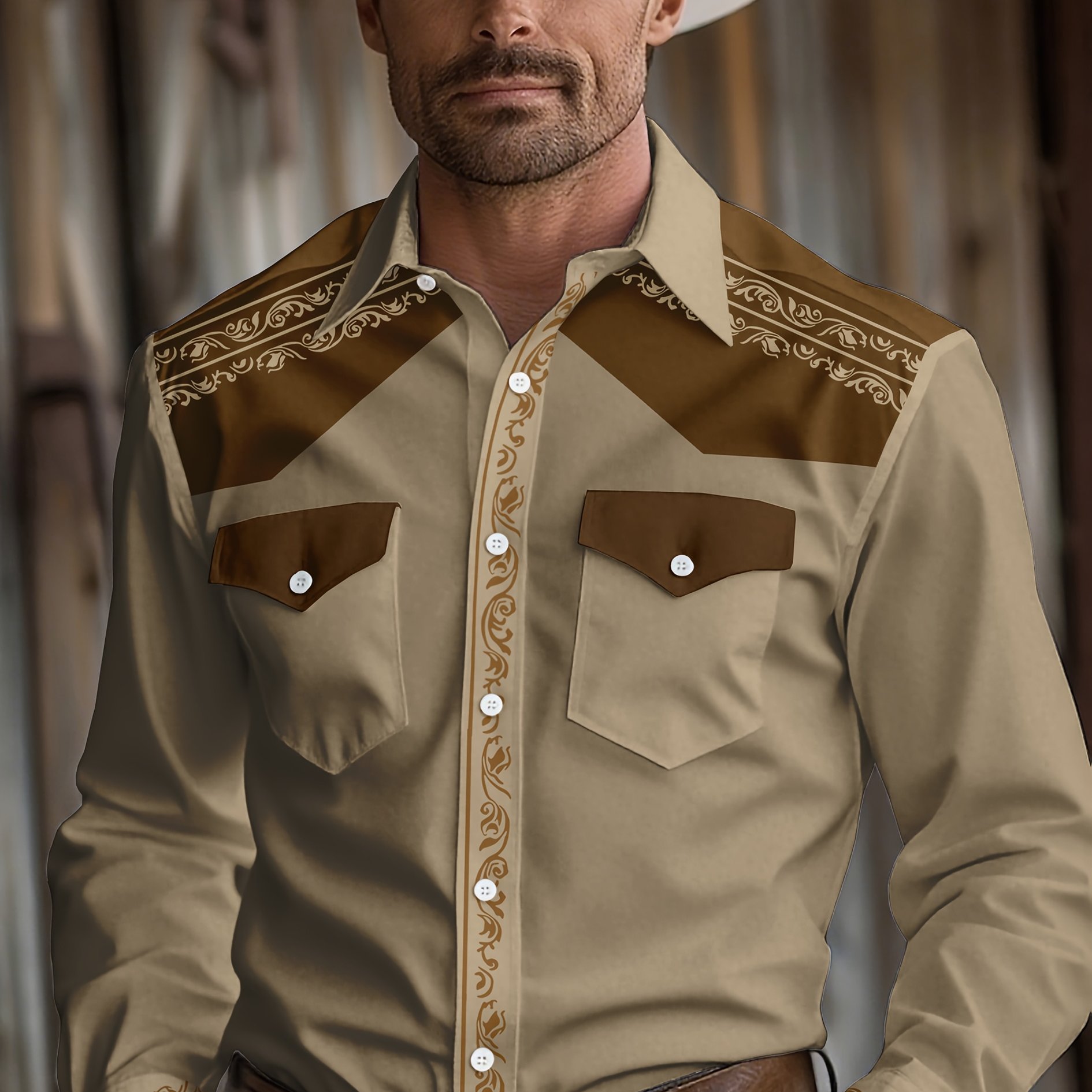 TEMU Men's Floral Print Camel Desert Shirt - Long Sleeve, Button-up, Lightweight, Suitable For Casual And Semi-formal Wear, Perfect For Halloween To