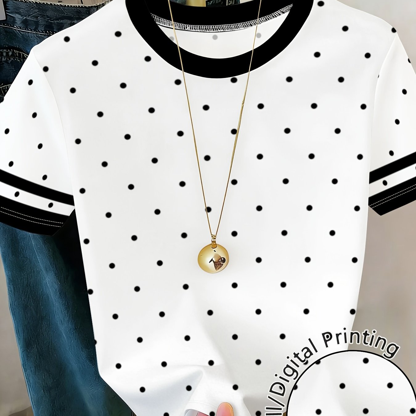 TEMU Retro Polka Dot T-shirt With Contrast Collar - Short Sleeve Round Neck Blouse-compatible Top | Machine Washable Non- Shirt Suitable For , Casual