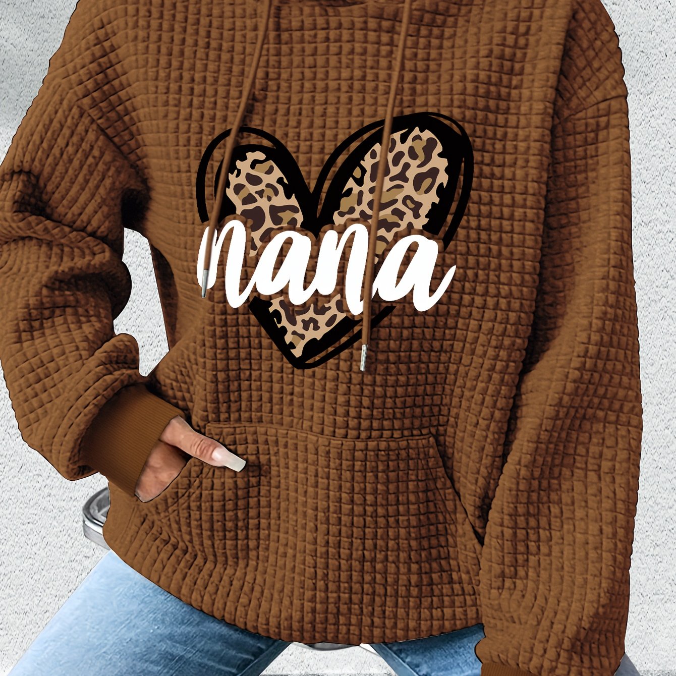 TEMU Long-sleeve Waffle Hoodie With A Directional Pattern Print And Drawstring