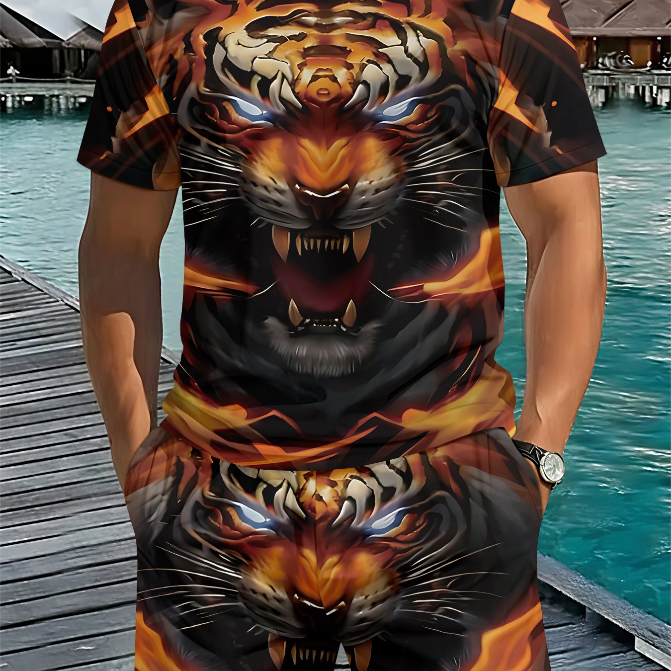 TEMU Men's 3d Digital Printed Casual Short-sleeve And Short Set. Trendy Men's Fashionable Flame Tiger Pattern Suit Sport Set. Suitable For Multiple