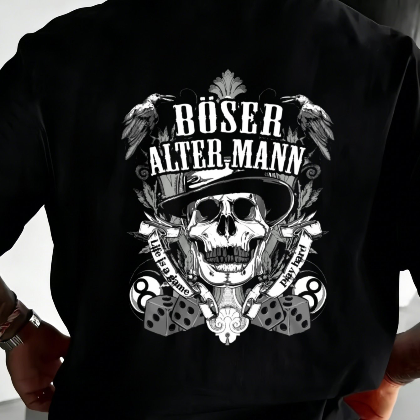 Men's T-shirt Black Skull With Hat And Birds Print Alter Mann Text Casual Wear For Daily Use, Plus Size